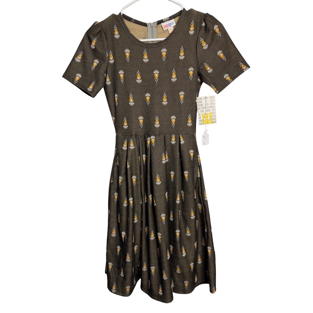 LuLaRoe Carly‎ Dress XXS Gray Yellow Ikat Medallion Short Sleeve Pocket Mini New